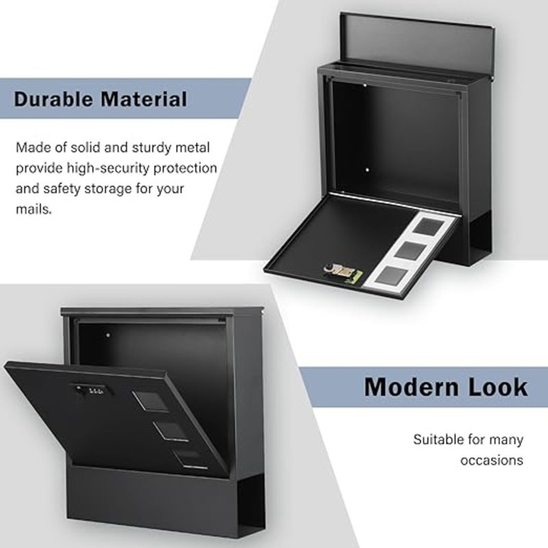 Black Metal Wall Mounted Mailbox with Combination Lock and Newspaper Compartment