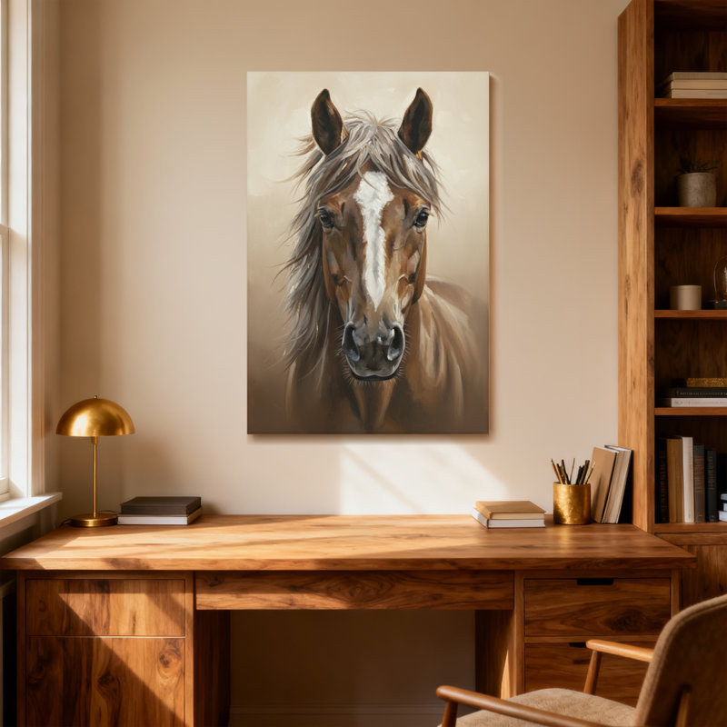 Portrait de cheval avec flamme blanche et fourrure brune, H 30 po x l 20 po