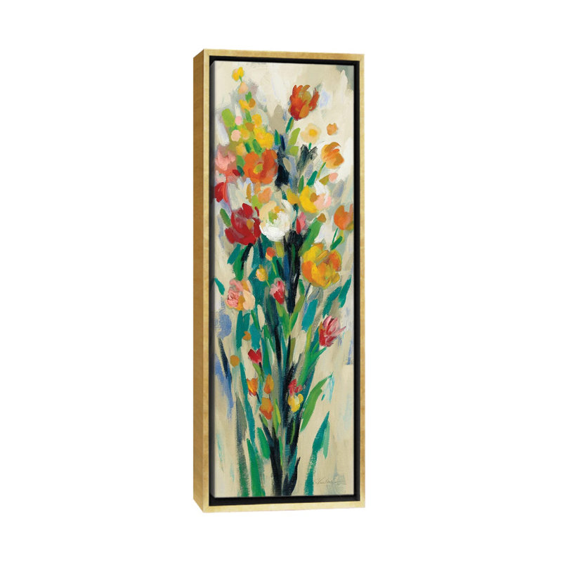 " Tall Bright Flowers Cream II " by Silvia Vassileva Painting Print, 36" H x 12" W x 1.5" D, Gold Framed