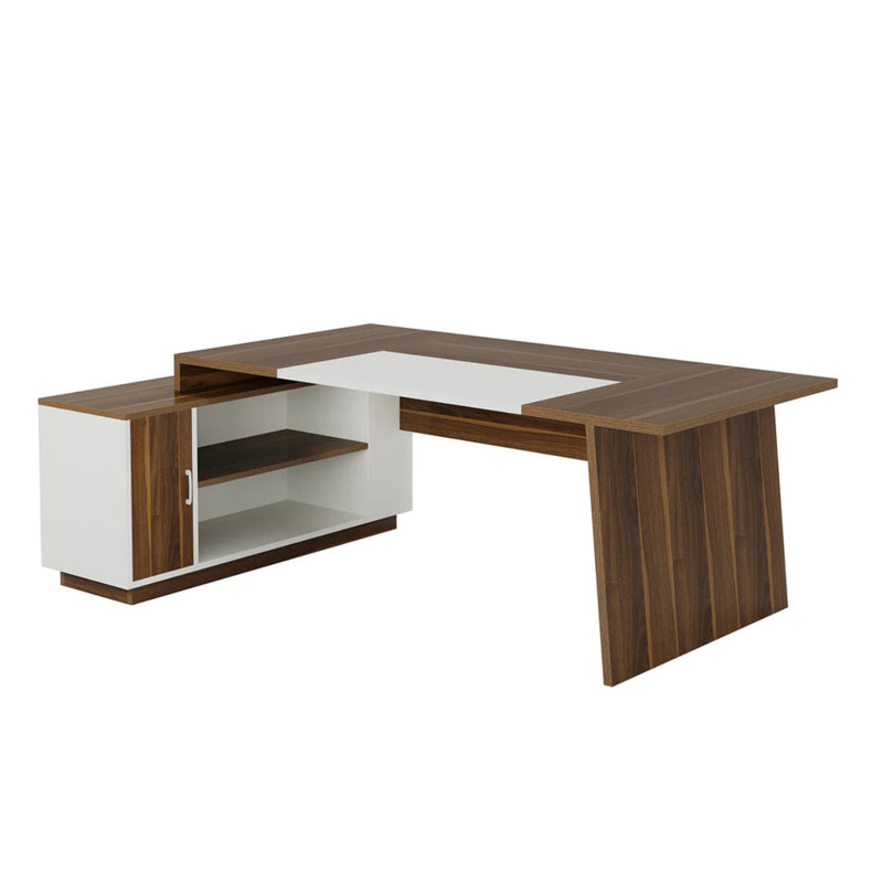 Bureau de direction en L 70,5 po avec armoire de rangement et tablettes, grand poste de travail moderne de style Mid-Century pour ordinateur personnel, noyer et blanc