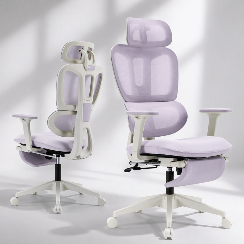 Chaise de bureau ergonomique avec repose-pieds, chaise d'ordinateur à haut dossier avec soutien lombaire dynamique, appui-tête en 2 dimensions et accoudoirs 4D, coussin éponge et dossier en filet, chaise de bureau à domicile pour adultes, mauve.