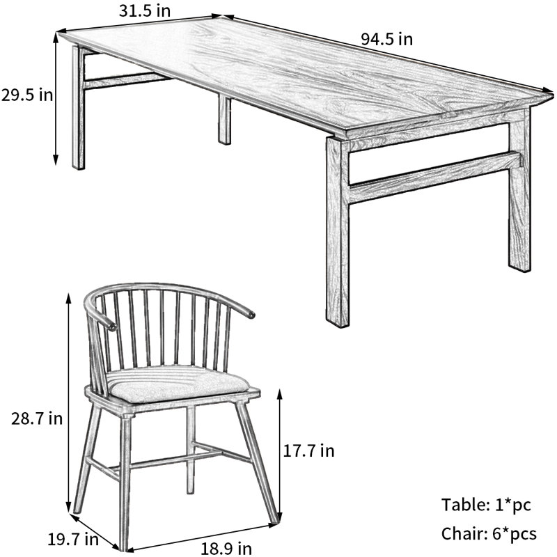 Ensemble de salle à manger rectangulaire, H 29,5 po x L 94,5 po x l 31,5 po
