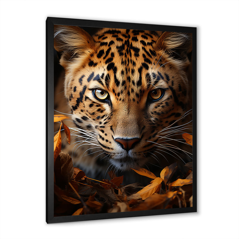 «Leopard Golden Stalker Portrait Gaze», reproduction sur toile, Cadre simple noir, H 20 po x l 12 po x P 1 po