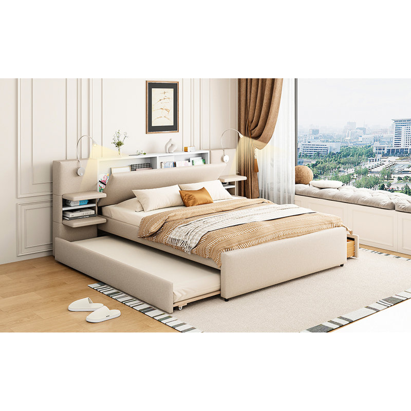 Grand lit avec tête de lit rabattable, lampes de lecture, tiroirs, lit gigogne avec rangement pour tête de lit beige, sous les tiroirs