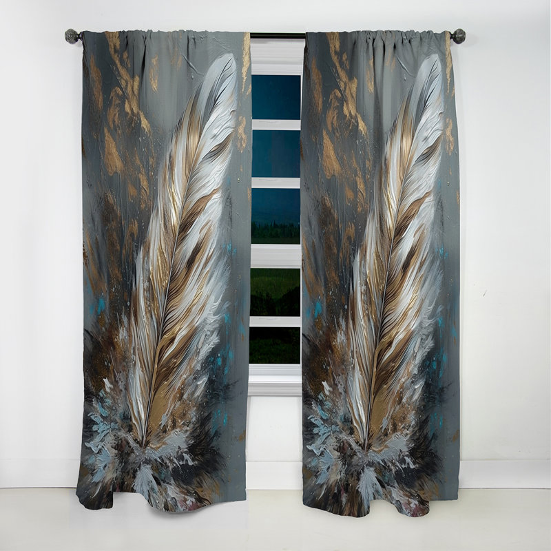 Gold Feather Wanderlust III - Glam Feather Curtain - Blackout Floral Curtain - 1 Panels, 52" W x 108" L