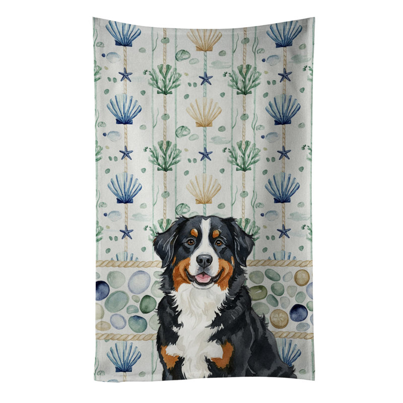 Bernese Mountain Dog Coastal Sea Glass Kitchen Towel, Bernese Mountain Dog