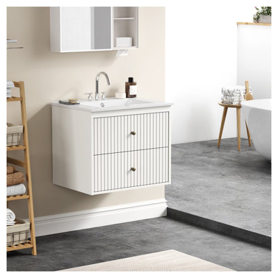 Meuble-lavabo suspendu de 61 cm avec lavabo en céramique intégré, armoire de rangement murale blanche avec tiroirs et portes