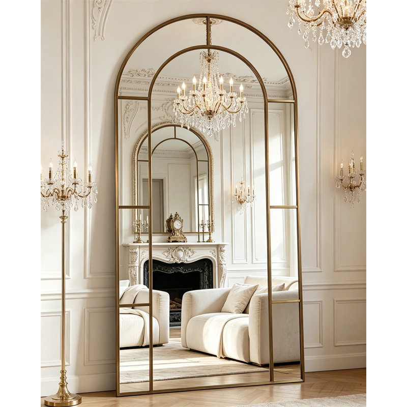 Arched Full-Length Mirror – Vintage Window-Style Floor Mirror, Metal Frame Rustic Wall Art Panel For Bedroom, Living Room, Entryway