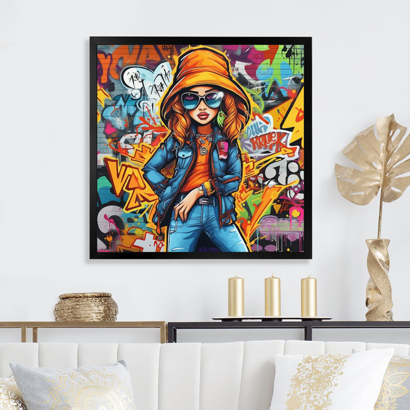 Femme graffiti sur toile, H 24 po x l 24 po x P 1 po, Cadre photo noir