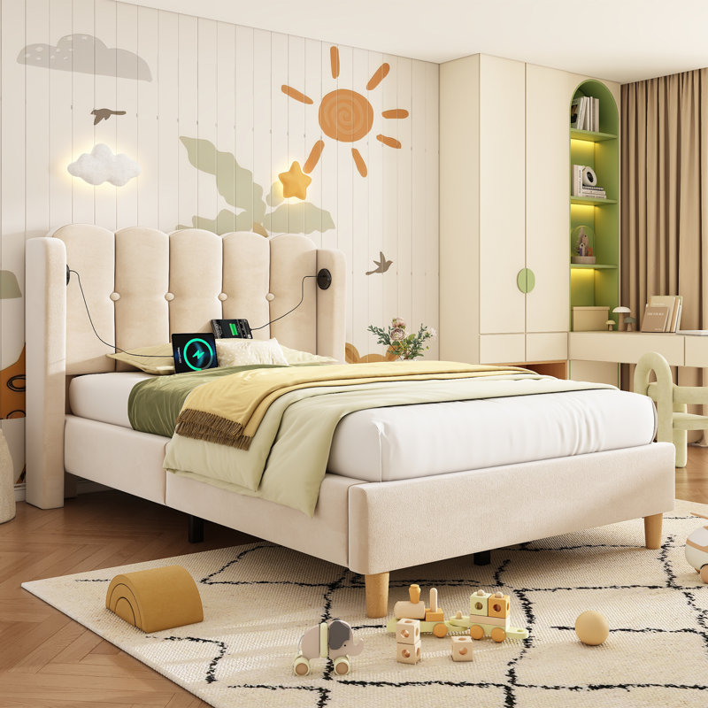 Velvet Grille-Panel Bed With Charging Station, Single (3'), Beige
