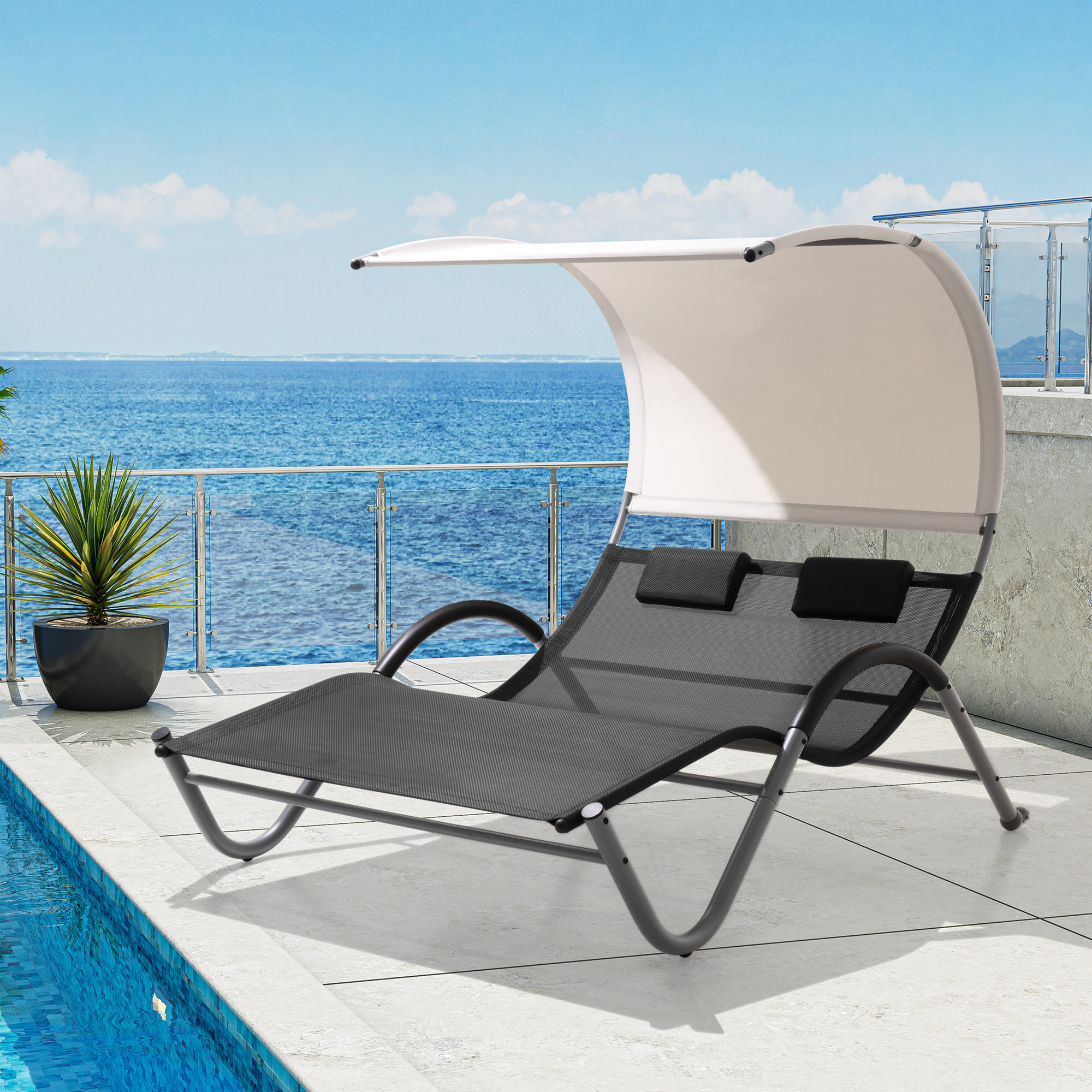 Freeport Park® Harnden Outdoor Metal Double Chaise Lounge With Canopy 