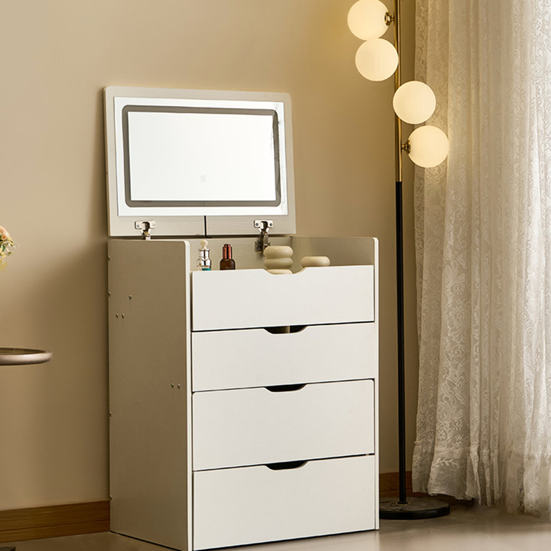 Petit bureau de meuble-lavabo 31 avec 3 lumières à température de couleur, 3 tiroirs, un banc de rangement et un plateau de table en verre visible, un miroir d'éclairage 3 couleurs blanc et verre pour la chambre à coucher, un banc à couvercle rabattable,
