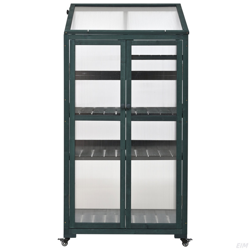 Wood Large Greenhouse Balcony Portable Cold Frame With Wheels And Adjustable Shelves For Outdoor Indoor Use, Green
