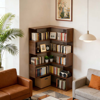Tall L Shaped Wooden Bookcase with Baffle for Efficient Space Utilization and Stylish Display