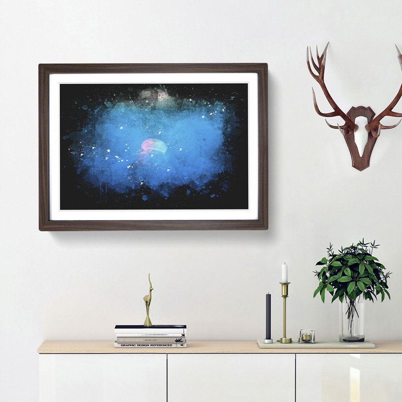 Jellyfish In Pink & Blue With Sunlight Paint Splash - Picture Frame Graphic Art, 60cm H x 91cm W x 2cm D, Walnut Framed