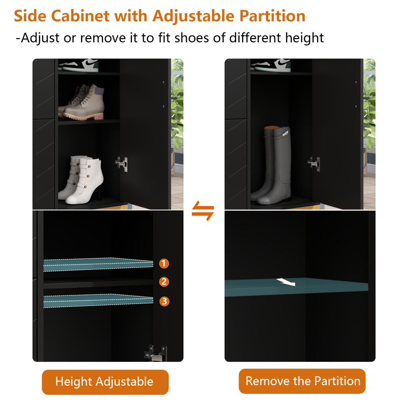 Black Modern MDF Shoe Storage Cabinet with Gold Handles