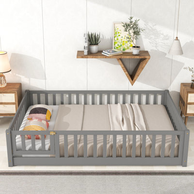 Floor Platform Bed Frame With Fence And Door,Grey(Old SKU:W50459219)