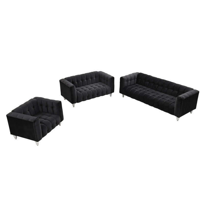 Ensemble de canapé luxueux 3 pièces avec revêtement moelleux et design élégant pour le salon, Noir, noir, noir, noir
