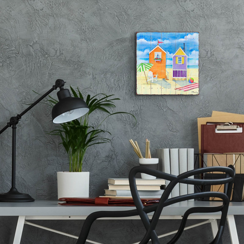 «Beach Huts Square I» par Paul Brent, art en verre acrylique Wal, H 12 po x l 12 po x P 0,13 po