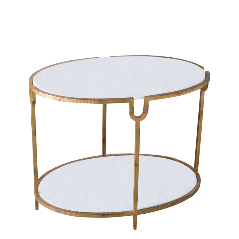Gold Leaf Iron and White Marble Round Side Table