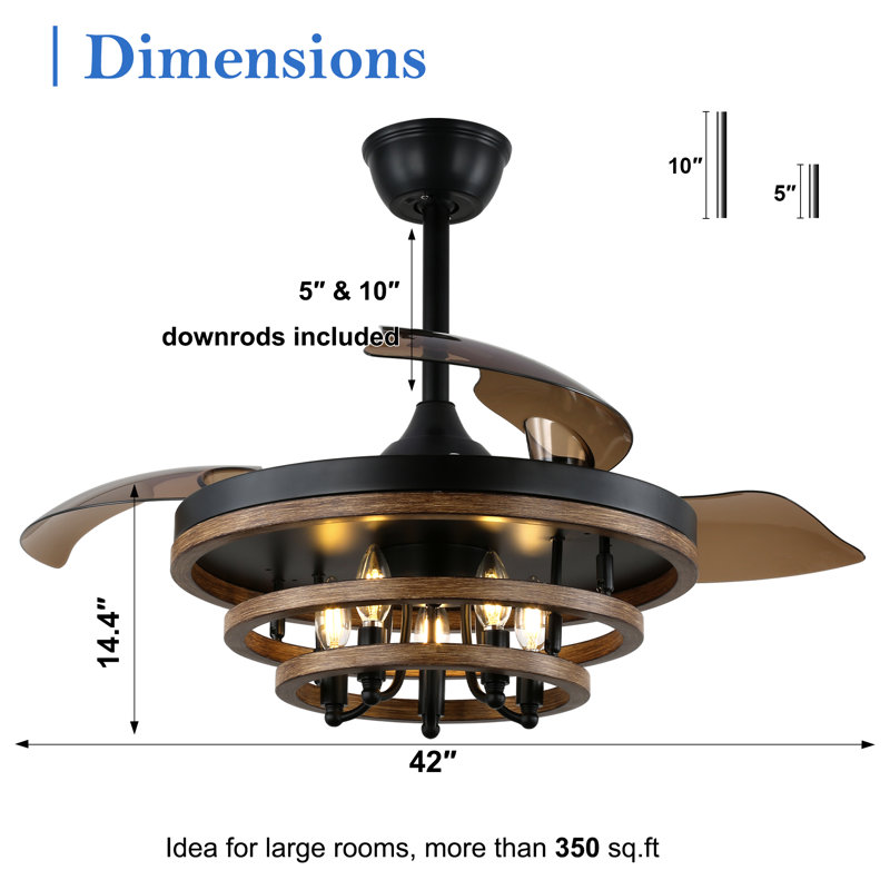 Ventilateur de plafond rétractable moderne de 42 po avec ensemble d'éclairage et moteur réversible à 6 vitesses pour chambre à coucher