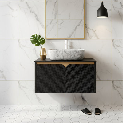 Meuble-lavabo flottant moderne de 30 po avec plateau en pierre frittée noire, portes en sergé géométrique avec garniture dorée et choix de 4 lavabos vasques (noir)