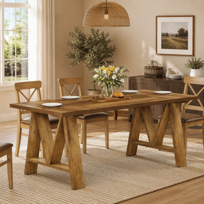 63″ Rectangular Wooden Kitchen Table for 4 to 6, Farmhouse Dining Table with Warm Brown Finish