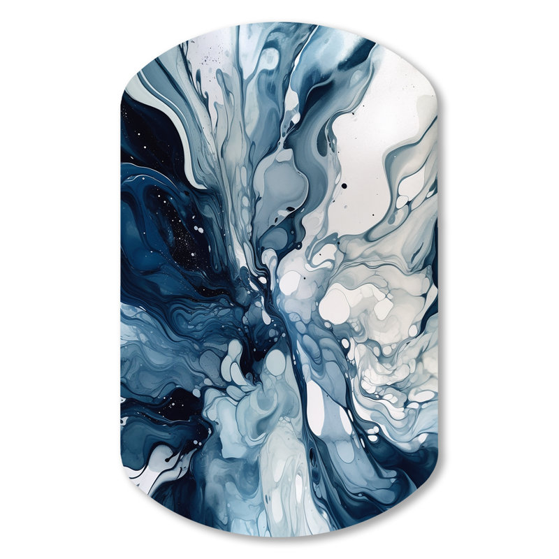 Cinque - art abstrait cylindrique en métal, impression asymétrique bleue sur métal, H 31 po x l 19 po