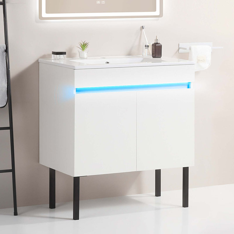 Meuble-lavabo de salle de bain avec lavabo, lumière radar, grand espace de rangement et pieds en métal, Blanc