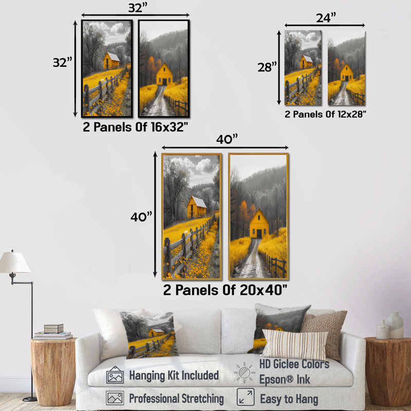 Ensemble de 2 pièces d'art mural jaune et gris Vista Barn I - Barn, H 32 po x l 32 po, Impression encadrée, Doré