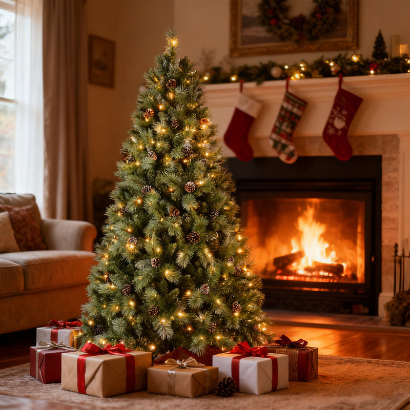 Arbre de Noël 6 pi avec lumières à DEL blanc chaud et pommes de pin, conception à branches articulées, arbre de Noël réaliste