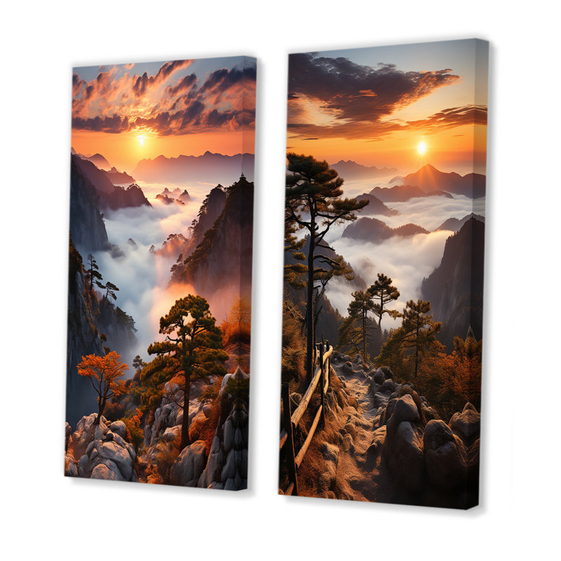 Mountain Forest Sunset Silhouette I - ensemble de 2 décorations murales forêt, H 28 po x l 25 po, Toile tendue