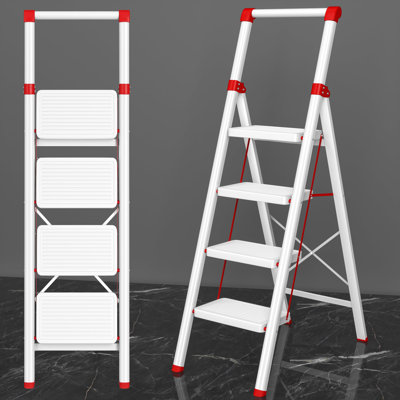 4 Step Ladder, Folding Step Stool With Wide Anti-Slip Pedal, Anti-Slip Feet And Handgrip, Sturdiest Steel Construction, Steel Ladder  (Red)