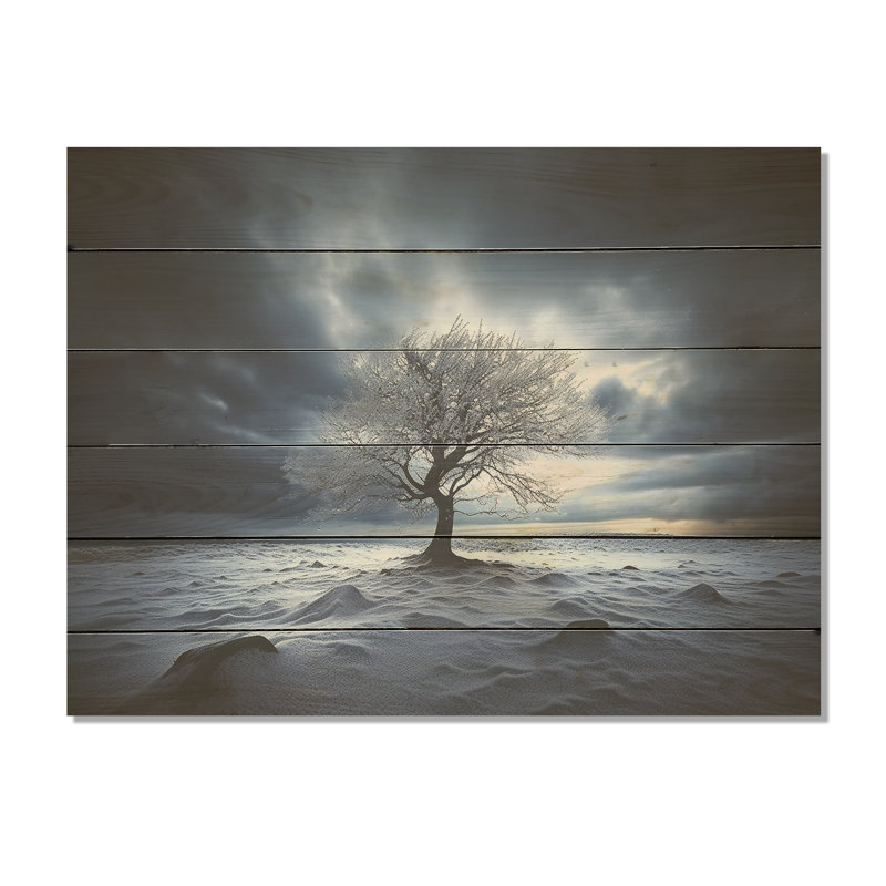 Black And White Photography Winter Tree - Tree Wood Wall Art On Natural Pine Wood, 10" H x 20" W