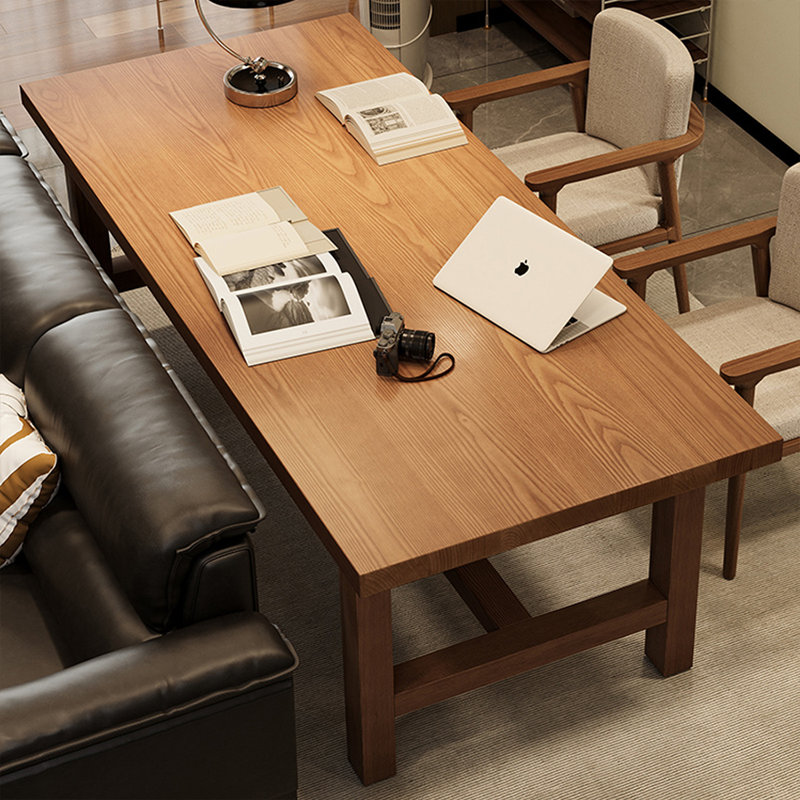 Tan Rectangular Solid Wood desk, 29.53" H x 55.12" W x 27.56" D