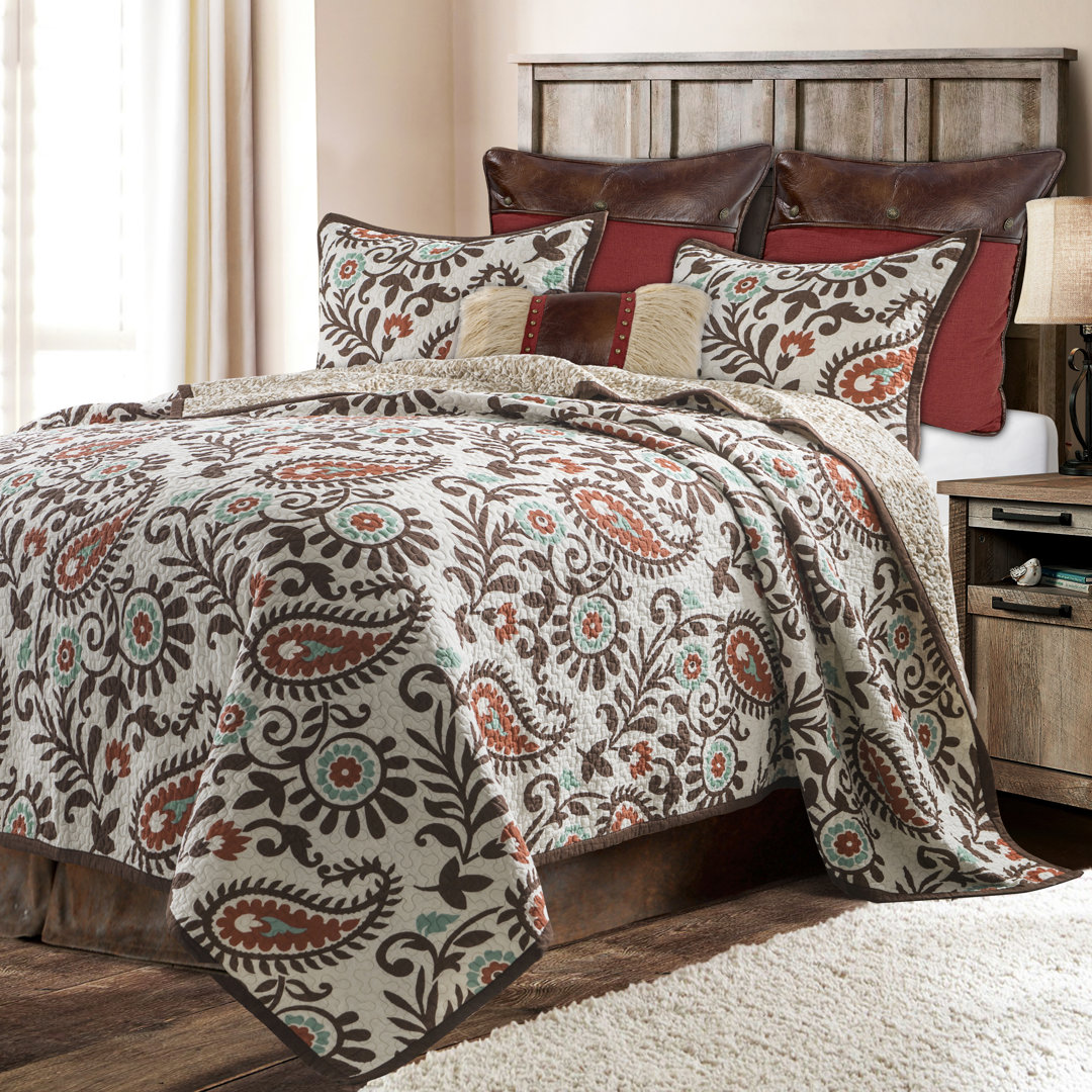 Rebecca Cream Brown Terracotta Paisley Pattern Cotton Western Southwestern Farmhouse Quilt Set Paseo Road by HiEnd Accents 