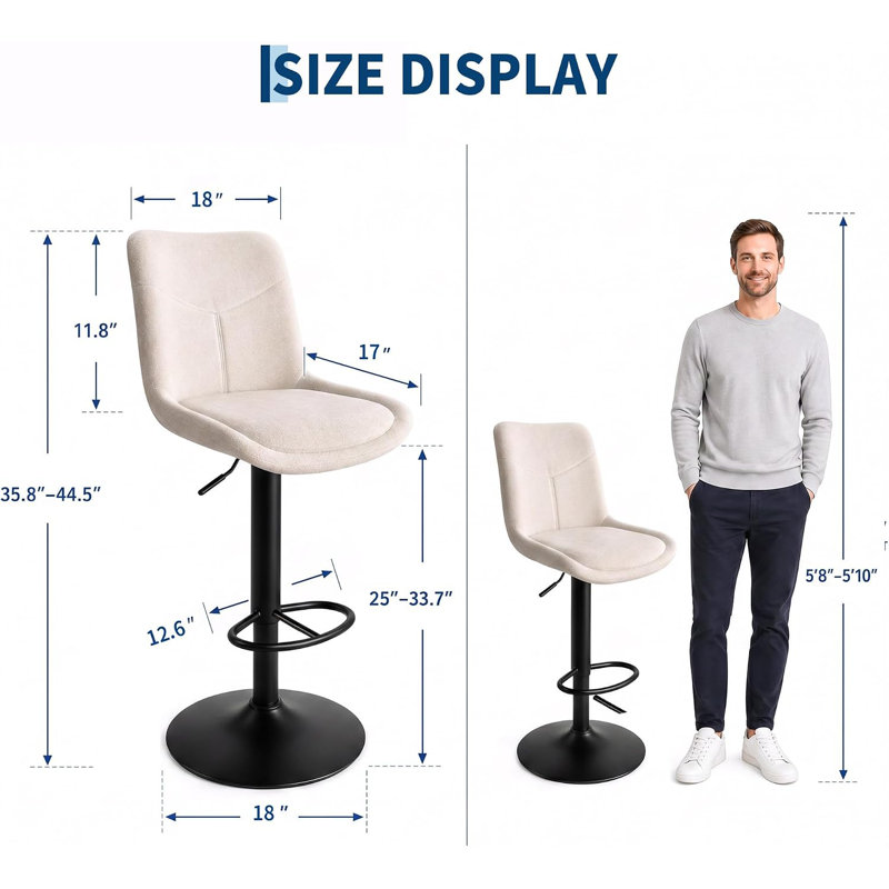 Tabouret de bar avec dossier ergonomique, chaise de bar pour comptoir de cuisine, Off-white