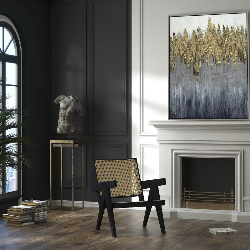 35"Lx1.5"Wx47"H, Hand-painted, Abstract Canvas with Gold Foil, Contemporary Wall Art, Crafted with Polyester Canvas and Fir Wood, Plastic Frame with Black Finish