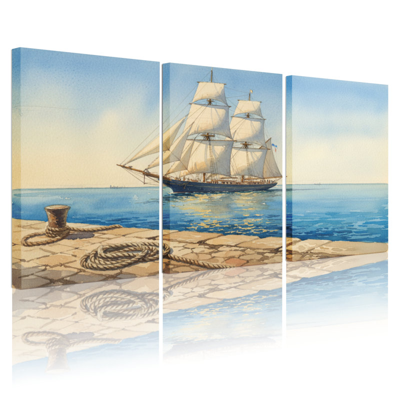 Nautique et plage, bateau sur une mer calme avec quai, ensemble de 3 impressions sur toile, L 24 po x l 48 po