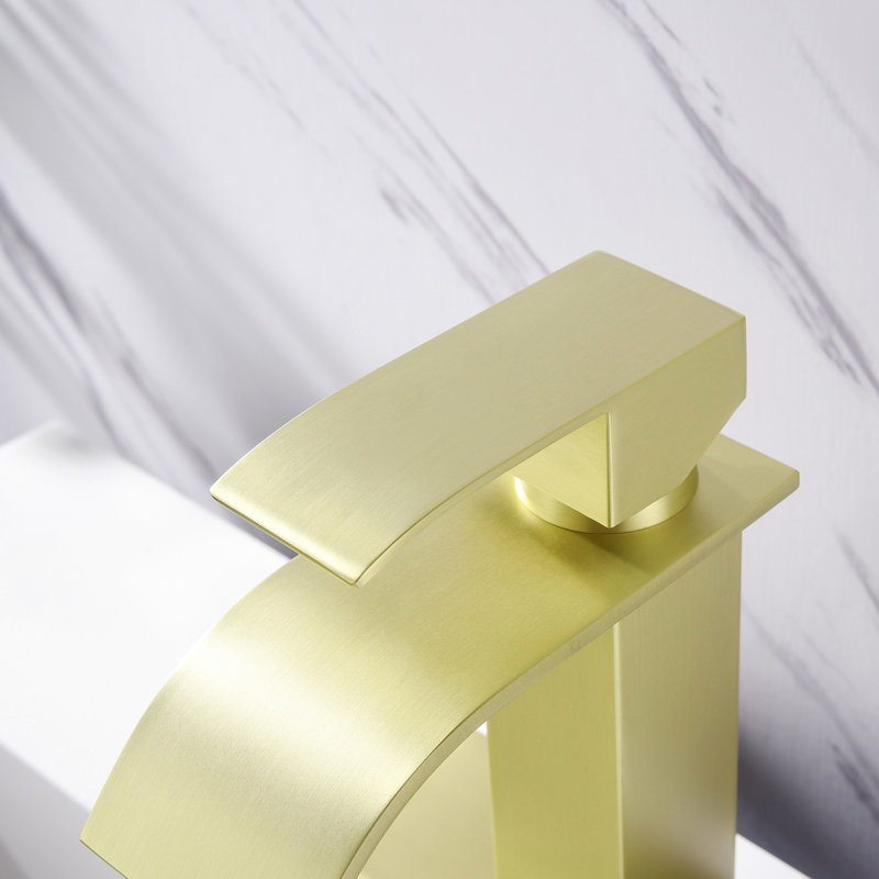 Single Handle Waterfall Spout Bathroom Lavatory Kit, Stainless Steel With Golden Decoration Faucet Spout, Material And Brushed Gold For Sink