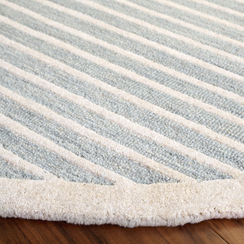 Ebony Hand Tufted Wool/Cotton Striped Rug in Light Blue/Ivory, Round 6'
