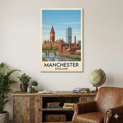 Manchester, England - Romantic Travel Poster Of Town Hall, Canals And Red-Brick Heritage. Giclee Print On Wrapped Canvas. Wall Art, Home Decor - Cities & Towns, England - Wrapped Canvas Print