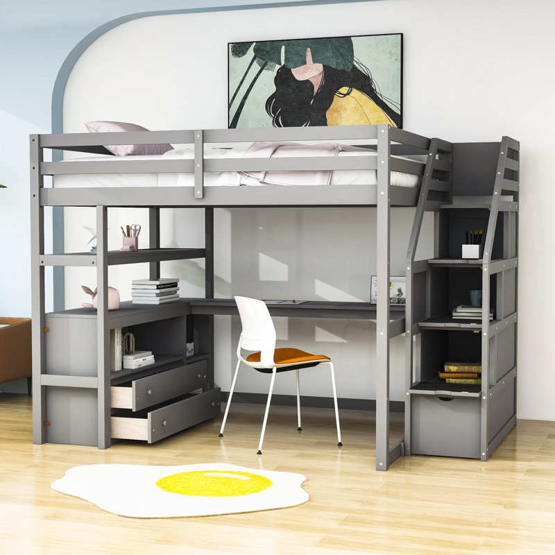 Kids Loft Bed with Drawers, Full, Gray