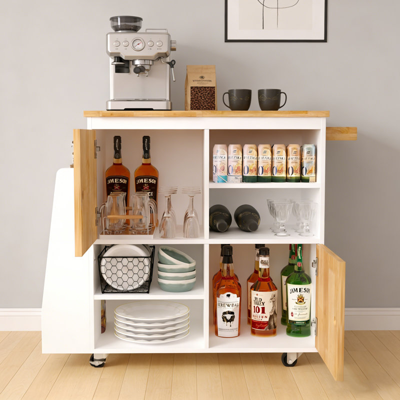 Chariot pour îlot de cuisine roulant avec plateau en bois massif, tiroirs de rangement, support à épices et porte-serviettes pour une organisation et une mobilité accrues.