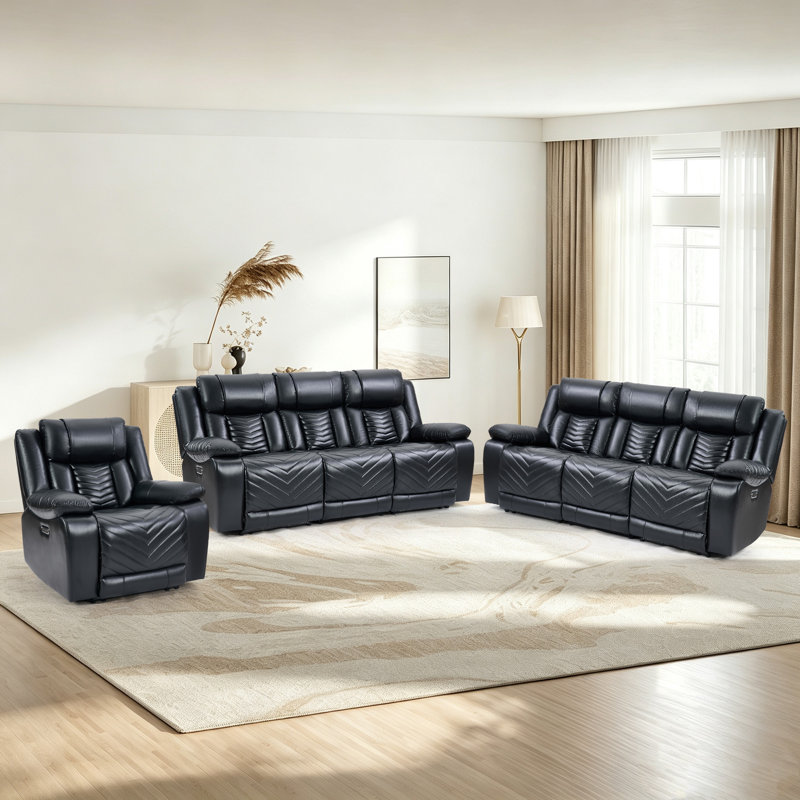 Ensemble de 3 fauteuils de cinéma maison inclinables électriques en similicuir avec appuie-tête réglables, éclairage DEL, tablette rabattable, porte-gobelets dissimulés et chargeur sans fil