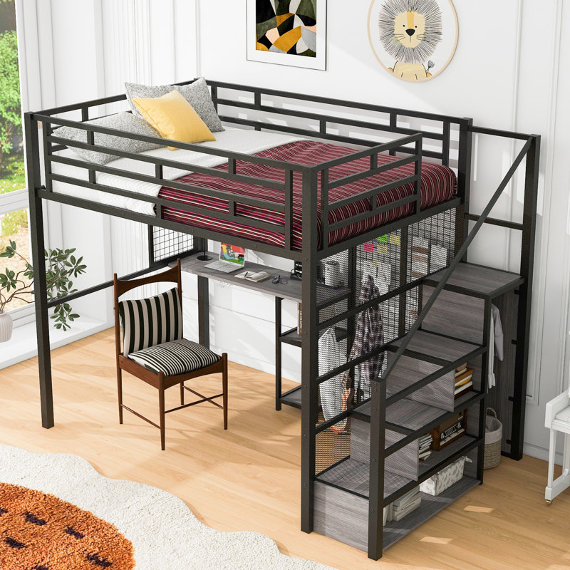 Lit mezzanine double en métal avec garde-robe, bureau, tablettes de rangement, noir