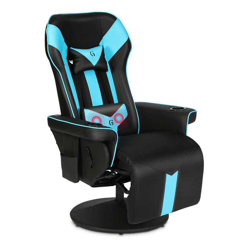 Inbox Zero Reclining Ergonomic Swiveling PC & Racing Game Chair with Built-in Speakers and Footrest, Black/Blue