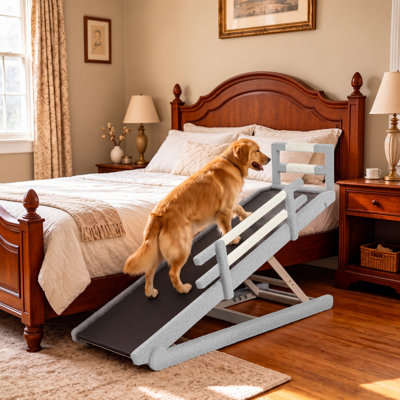Wooden Foldable Dog Ramp with Side Safety Rails, 5-Height Adjustable Pet Ramp for Dogs, 17" Extra-Wide Non-Slip Walking Surface, 200 lb Capacity, Boucle Upholstered, for Bed Couch Car