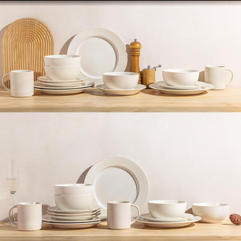  18 Pieces Ceramic Plates And Bowls Sets, Stoneware Dinnerware Sets For 6, Scratch Resistant Embossed Dish Set, Oven, Microwave & Dishwasher Safe, Cappuccino