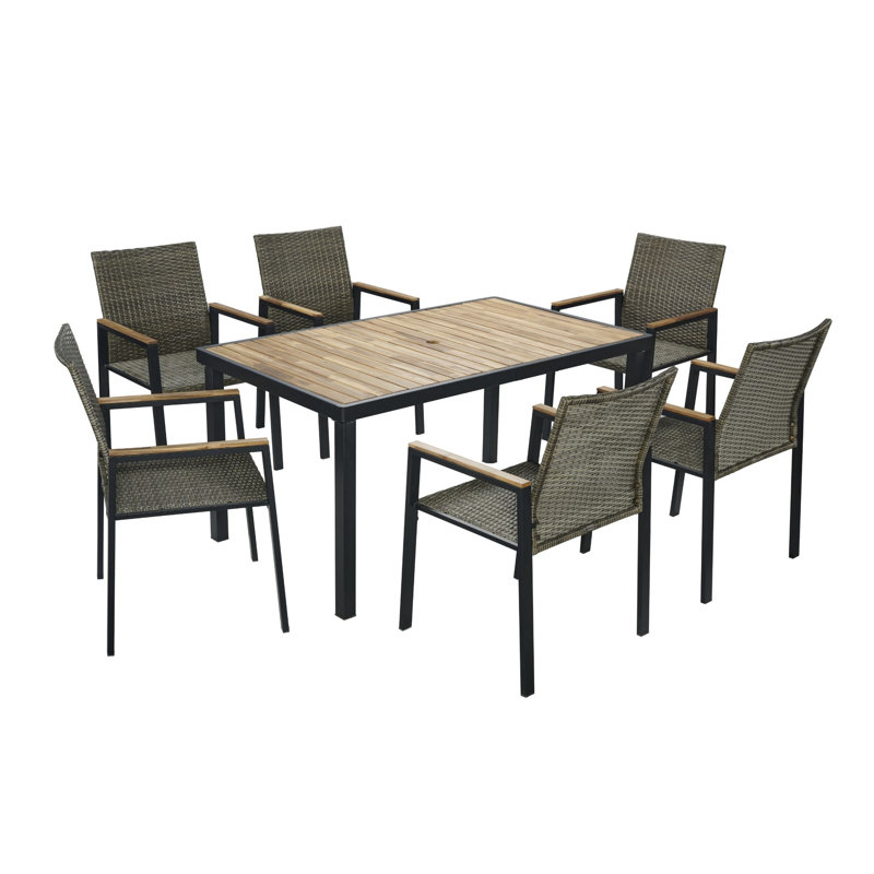 Ensemble de salle à manger 7 pièces en bois d'acacia et acier toutes saisons avec accents en osier, 6 places, brun gris